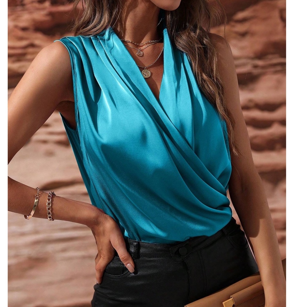 Luxe Satin Overlap Sleeveless Blouse - Picture 2 of 12